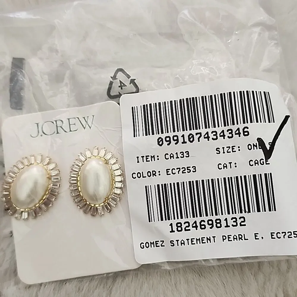 J. Crew Oversized Pearl and Baguette Crystal Statement Stud Earrings Gold NWT